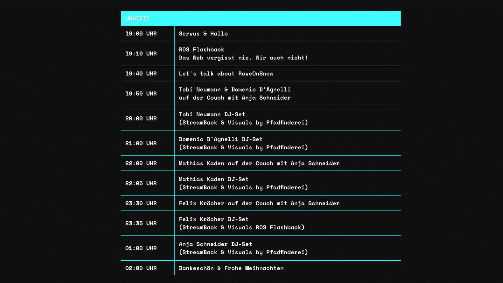 Stream On Snow TimeTable
